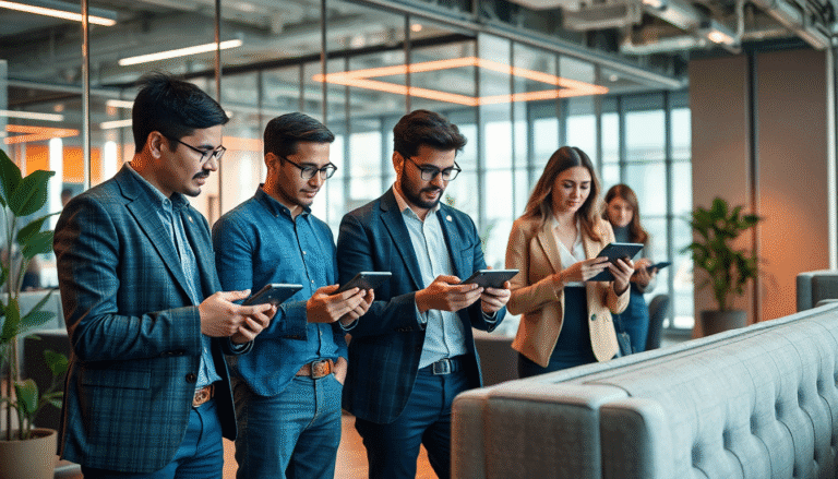 Um grupo de cinco profissionais está concentrado, utilizando seus smartphones em um ambiente moderno de escritório. Os homens, vestidos em trajes formais, estão alinhados e parecem discutir ou analisar algo em seus dispositivos. Uma mulher, à direita, também observa seu telefone, enquanto outras pessoas trabalham ao fundo. O espaço é iluminado por grandes janelas e tem um design contemporâneo, com plantas decorativas ao redor.