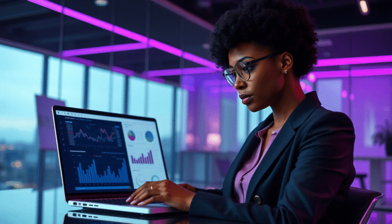 Uma mulher com cabelo afro, vestindo um blazer escuro e uma blusa roxa, está concentrada na tela de um laptop em um ambiente de escritório moderno. O laptop exibe gráficos e dados de análise, refletindo um ambiente de trabalho voltado para análises financeiras ou de desempenho. Ao fundo, há janelas que mostram um skyline urbano, e a iluminação é suave com tons de roxo, criando uma atmosfera contemporânea e profissional.