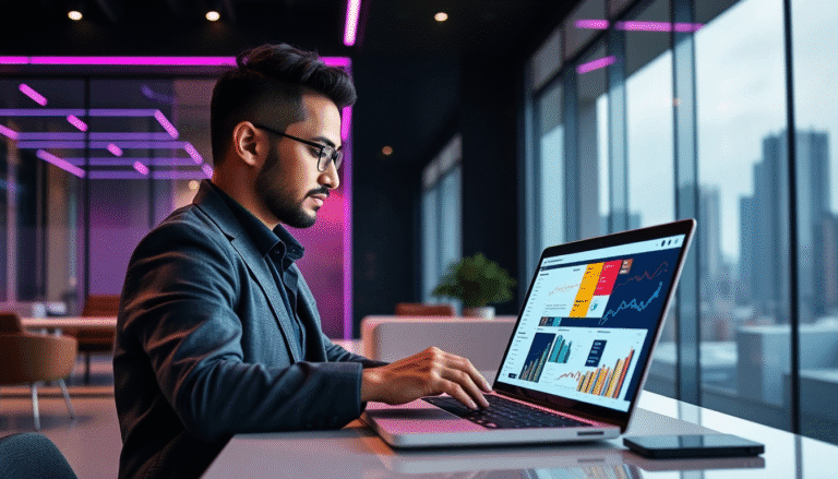 Um profissional de negócios sentado em uma mesa moderna, concentrado em seu laptop, que exibe gráficos e dados. Ele usa um terno escuro e óculos, e está em um escritório contemporâneo com grandes janelas e vista para a cidade. A iluminação do ambiente é suave, com detalhes em luzes neon rosa.