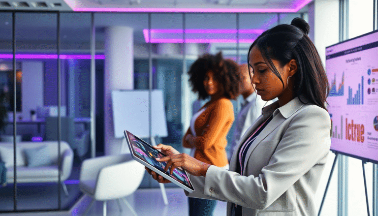 Imagem de um ambiente de escritório moderno, onde uma mulher está concentrada em um tablet na frente dela, manipulando gráficos e dados. Ao fundo, outra mulher observa, e um terceiro indivíduo está parcialmente visível. O ambiente apresenta um design contemporâneo, com luzes em tons de roxo e uma tela exibindo gráficos e informações. A imagem transmite um clima profissional e colaborativo.
