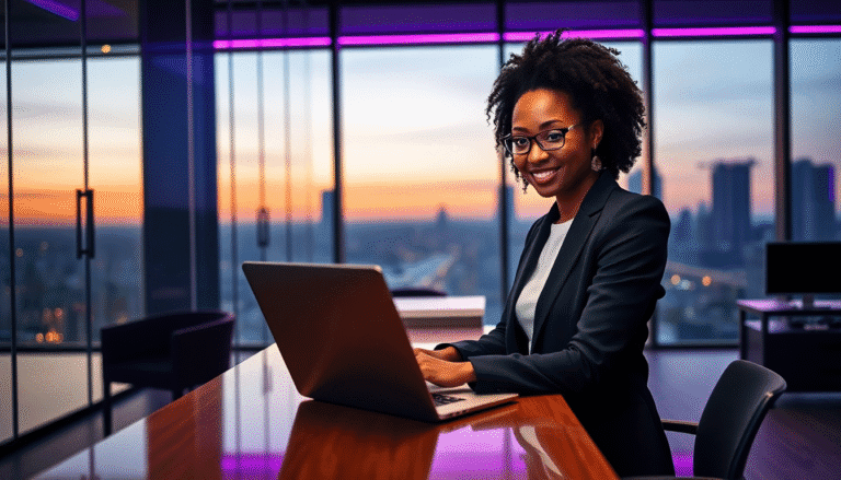Uma mulher sorridente está sentada em uma mesa de escritório elegante, usando um terno preto e óculos. Ela está trabalhando em um laptop, com uma vista deslumbrante da cidade ao fundo, onde se pode ver um pôr do sol vibrante. As janelas de vidro refletem a luz suave e colorida do crepúsculo, criando uma atmosfera moderna e sofisticada. No ambiente, há uma cadeira aconchegante e um monitor adicional, sugerindo um espaço de trabalho criativo e produtivo.
