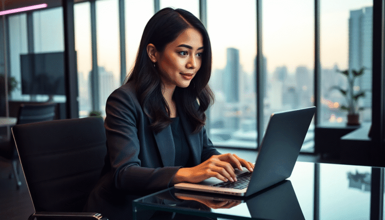 Uma profissional elegante, vestindo um terno escuro, está concentrada em seu laptop em um ambiente de escritório moderno. Ao fundo, grandes janelas oferecem uma vista panorâmica da cidade ao entardecer, refletindo a luz suave do sol. A mesa de vidro e a decoração minimalista complementam a atmosfera sofisticada do espaço de trabalho.