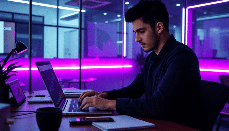 Um jovem concentrado está sentado em uma mesa de trabalho moderna, utilizando um laptop. O ambiente é iluminado com luzes em tons de roxo, criando uma atmosfera vibrante e contemporânea. Ao lado do laptop, há um celular e um bloco de notas, enquanto gráficos e dados estão visíveis na tela, sugerindo que ele está analisando informações ou realizando um trabalho técnico. Plantas decorativas e móveis minimalistas complementam o cenário, que reflete um espaço de trabalho inovador e inspirador.