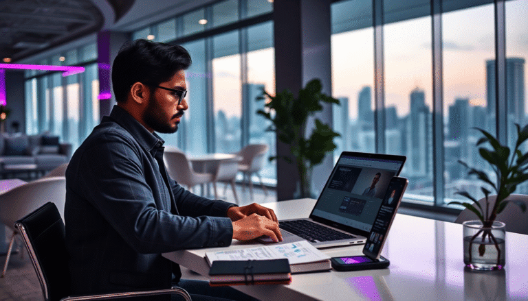 Um homem está sentado em uma mesa moderna, usando um laptop e concentrado no trabalho. Ele veste uma camisa escura e óculos. Ao lado do laptop, há um telefone celular e um bloco de notas com anotações. Através das janelas, é possível ver um panorama urbano ao entardecer, com edifícios altos e luzes da cidade começando a brilhar. O ambiente é iluminado de forma elegante, com detalhes em neon.