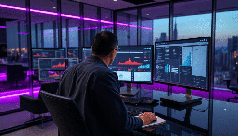 Um profissional sentado em frente a uma mesa de trabalho moderna, concentrado em múltiplos monitores que exibem gráficos e dados analíticos. O ambiente é de uma sala de escritório elegante, com janelas grandes que oferecem uma vista panorâmica da cidade ao entardecer. A iluminação é suave, com luzes neon roxas criando uma atmosfera futurista e tecnológica. A pessoa parece estar analisando informações financeiras ou de desempenho, com uma mão apoiada no teclado e a outra segurando uma caneta.