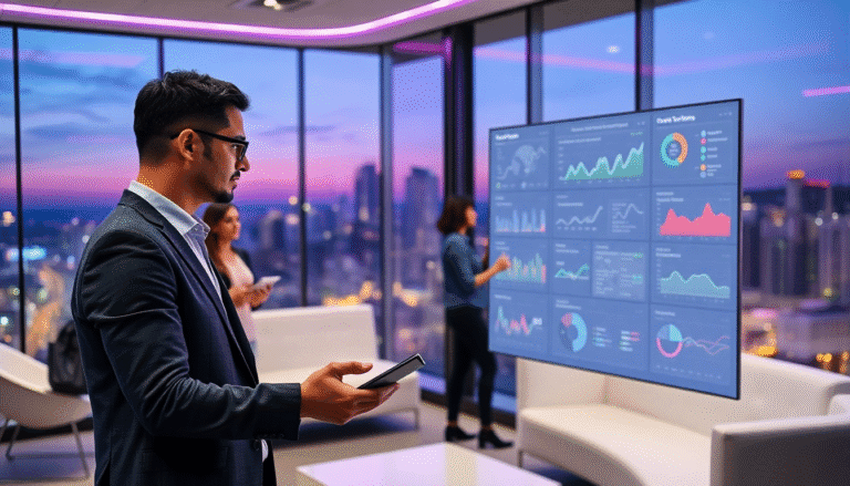 Um profissional em um ambiente moderno de escritório, olhando para uma tela grande que exibe diversos gráficos e dados analíticos. Ao fundo, duas outras pessoas estão interagindo, uma delas com um celular e a outra manipulando a tela. O ambiente é iluminado por luzes suaves e uma vista panorâmica da cidade ao entardecer é visível através das grandes janelas.