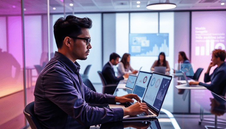 Um profissional sentado em uma mesa moderna de escritório, concentrado em seus laptops, que exibem gráficos e dados analíticos. Ao fundo, outras pessoas participam de uma reunião, algumas visualizando suas próprias telas e outras interagindo. O ambiente é iluminado com luzes suaves em tons de rosa e azul, criando uma atmosfera contemporânea e colaborativa.