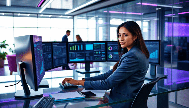 Uma mulher confiante senta-se em uma mesa de trabalho moderna, rodeada por vários monitores que exibem gráficos e dados analíticos. Ela usa um terno elegante e tem cabelo longo solto. No fundo, há outras pessoas interagindo em um ambiente de escritório contemporâneo, com grandes janelas que permitem a entrada de luz natural. A decoração é moderna e colorida, refletindo um espaço de trabalho dinâmico e tecnológico.