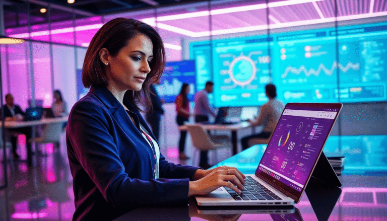 Uma mulher sentada em um ambiente moderno de escritório, concentrada em seu laptop. Ela usa um traje profissional e parece estar analisando dados em um software visual. No fundo, paredes iluminadas em tons de rosa e azul exibem gráficos e indicadores, enquanto outras pessoas trabalham em mesas próximas, criando um ambiente colaborativo e tecnológico.
