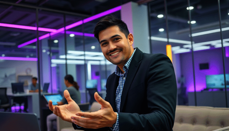 Um homem sorridente está em um ambiente de escritório moderno, com paredes de vidro e iluminação vibrante em tons de roxo. Ele veste um terno escuro e uma camisa listrada, e está gesticulando com as mãos enquanto parece iniciar uma conversa. Ao fundo, outras pessoas estão sentadas em mesas, concentradas em seus computadores.