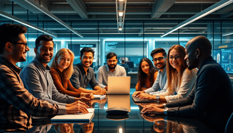 Um grupo diversificado de pessoas sentadas em uma mesa de reunião moderna, com laptops e cadernos em frente a eles. O ambiente é bem iluminado, com paredes de vidro e telas digitais ao fundo. Todos os integrantes estão sorrindo e parecem engajados na conversa, transmitindo um sentimento de colaboração e dinamismo.