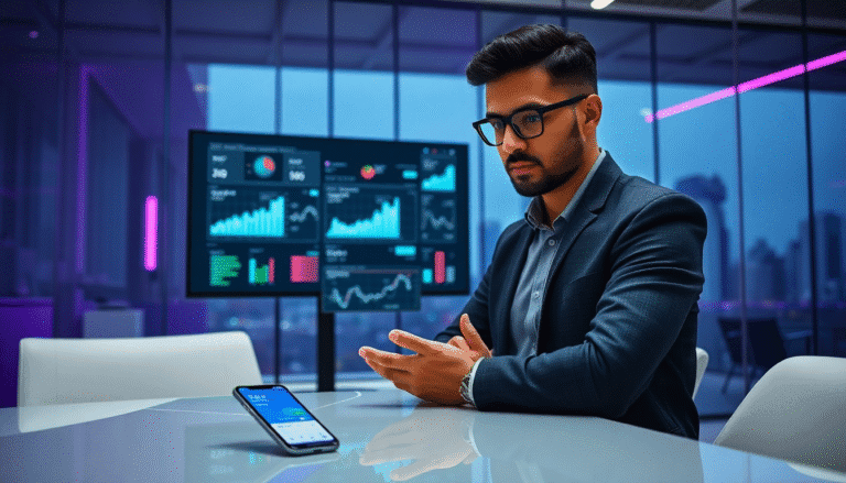 Um homem bem vestido, usando óculos e sentado em uma mesa moderna, observa atentamente um smartphone sobre a mesa. Ao fundo, duas telas exibem gráficos e dados financeiros, iluminadas por um ambiente com tons de roxo e azul, sugerindo um escritório contemporâneo. A cidade é visível através de janelas, indicando um cenário urbano ao anoitecer.