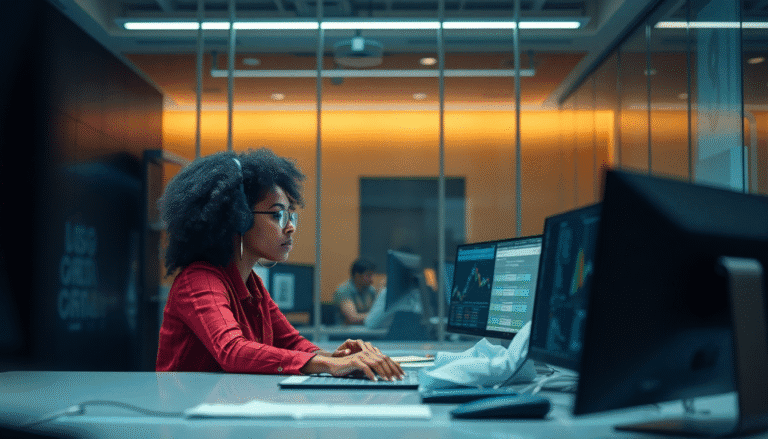 Uma jovem mulher de cabelos cacheados usa fones de ouvido e parece concentrada trabalhando em frente a dois monitores. Um dos monitores exibe gráficos financeiros, enquanto o outro apresenta dados e estatísticas. O ambiente é moderno, com iluminação suave e um design contemporâneo. Ao fundo, é possível ver outra pessoa trabalhando em uma mesa próxima.