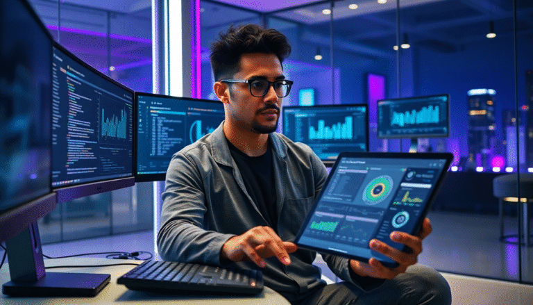 Um profissional de tecnologia, sentado em um ambiente moderno e iluminado, interage com um tablet, examinando dados e gráficos em uma tela. Ao seu redor, múltiplos monitores exibem informações e análises em tempo real, criando um cenário dinâmico que reflete trabalho em tecnologia e análise de dados. A iluminação ambiente é suave, com tons de roxo e azul, destacando a atmosfera contemporânea do espaço de trabalho.