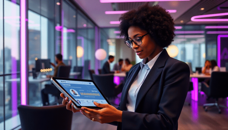 Imagem de uma mulher negra de cabelos cacheados, vestindo um terno escuro e óculos, analisando um tablet em um ambiente de escritório moderno. Ao fundo, é possível ver outras pessoas trabalhando e uma iluminação suave em tons de roxo, que cria uma atmosfera contemporânea e vibrante. A figura parece atenta aos dados exibidos na tela do dispositivo.