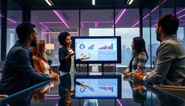 Uma mulher, com cabelo encaracolado e usando um blazer, está fazendo uma apresentação em uma sala de reuniões moderna. Ela está em pé ao lado de um grande monitor, que exibe gráficos e dados, enquanto seus colegas sentados à mesa a escutam atentamente. O ambiente é iluminado com luzes em tons de rosa, e janelas amplas mostram uma vista da cidade ao fundo. As pessoas na mesa demonstram interesse e engajamento com a apresentação.