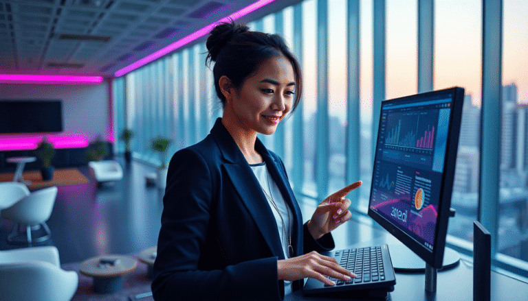 Uma mulher sorridente está sentada em um ambiente de escritório moderno, com grandes janelas que oferecem uma vista da cidade ao fundo. Ela usa um blazer elegante e está digitando em um laptop, enquanto aponta para a tela de um computador que exibe gráficos e dados. O espaço é iluminado com luzes em tons de rosa, criando uma atmosfera contemporânea e vibrante. A mulher demonstra concentração e entusiasmo em seu trabalho.