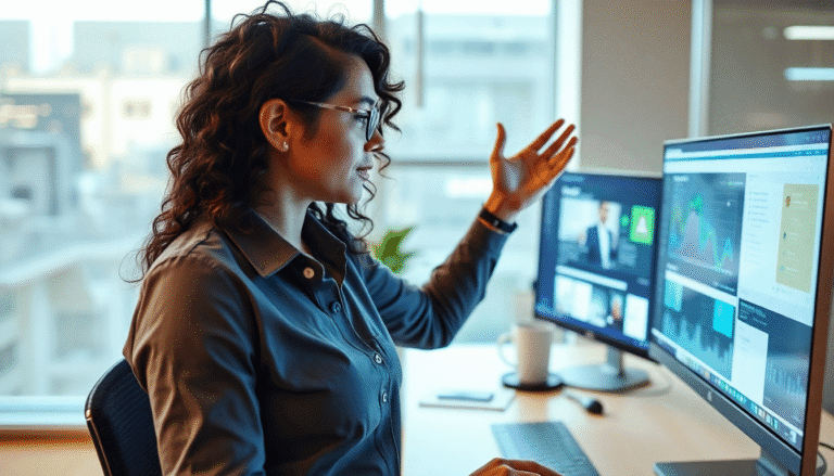 Uma mulher com cabelos cacheados e usando óculos está sentada em uma mesa de escritório, gesticulando enquanto conversa ou faz uma apresentação. À sua frente, há dois monitores exibindo gráficos e dados, e ao lado, uma caneca de café. O ambiente é bem iluminado, com janelas que mostram uma vista para a cidade.