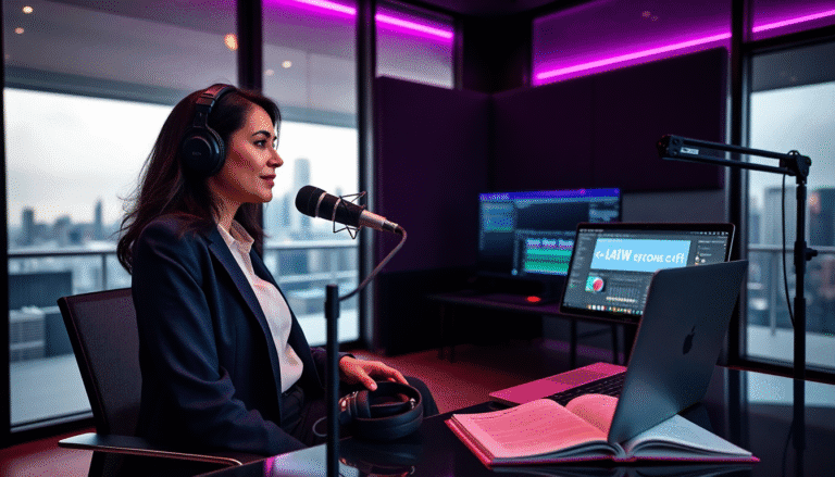 Uma mulher com fones de ouvido está sentada em frente a um microfone em um estúdio de gravação moderno. Ela veste um blazer e está atenta a uma tela de computador que exibe gráficos e informações. O fundo tem grandes janelas com vista para a cidade, e a iluminação é suave, com luzes roxas realçando o ambiente. Um livro aberto e um outro computador portátil estão na mesa ao lado do equipamento de gravação, sugerindo um ambiente de trabalho criativo e profissional.