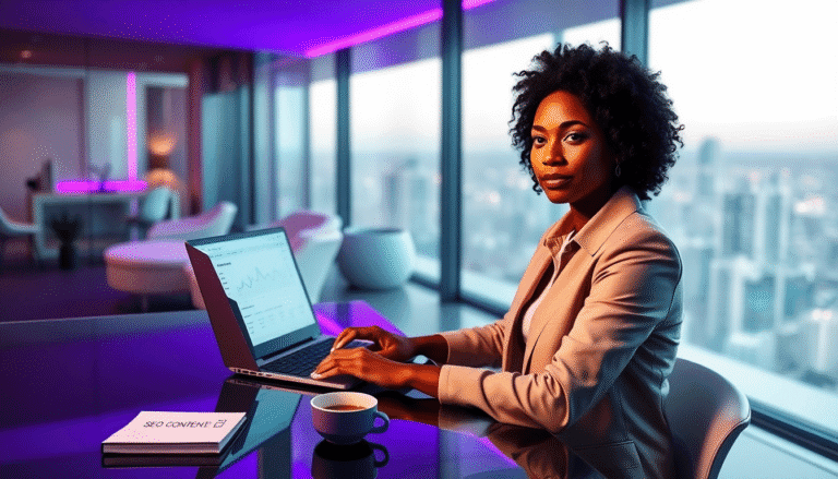 Uma mulher com cabelo cacheado, vestindo um terno elegante, está sentada à mesa em um escritório moderno localizado em um andar alto. Ela está olhando para a câmera enquanto digita em um laptop que exibe gráficos e dados. Ao lado do computador, há uma xícara de café e um caderno intitulado "SEO CONTÉM". O ambiente é iluminado com luzes em tons de roxo, e grandes janelas oferecem uma vista deslumbrante da cidade ao fundo, com um céu que se torna mais claro ao amanhecer.