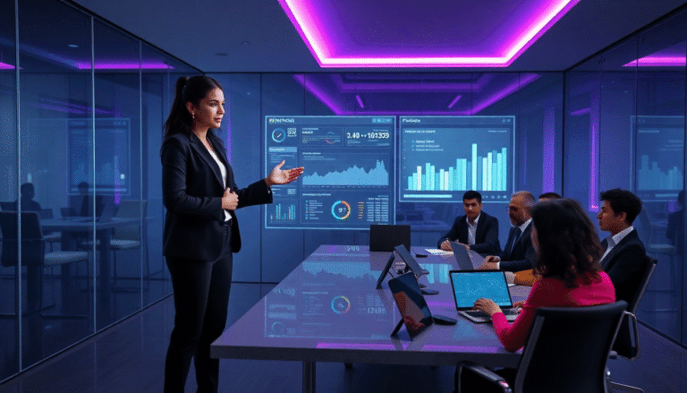 A imagem mostra uma sala de reuniões moderna com paredes de vidro e iluminação suave em tons de roxo. No centro, uma mulher em traje profissional apresenta dados a um grupo de cinco colegas, que estão sentados ao redor de uma mesa retangular. As telas nas paredes ao fundo exibem gráficos e informações analíticas, indicando um ambiente voltado para discussões de negócios. A atmosfera é focada e colaborativa, refletindo uma reunião importante.