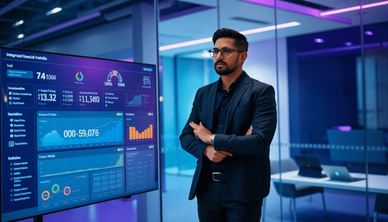 Um homem de terno escuro está em pé, com os braços cruzados, diante de um grande painel de controle digital. O painel exibe diversas métricas financeiras, incluindo gráficos, números e indicadores de desempenho, em um ambiente moderno e iluminado com luzes em tons de rosa e azul. No fundo, pode-se ver uma mesa de reunião com alguns laptops. O homem aparenta estar concentrado e pensativo, analisando as informações apresentadas na tela.