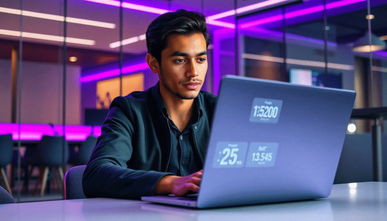 Um jovem concentrado está sentado em uma mesa, utilizando um laptop em um ambiente moderno e iluminado com luzes em tons de roxo. Na tela do laptop, há métricas visíveis, como tempo de tarefa e alertas, sugerindo que ele está trabalhando em um projeto ou análise. O ambiente ao redor é elegante, com cadeiras de design e paredes de vidro, criando uma atmosfera contemporânea e produtiva.