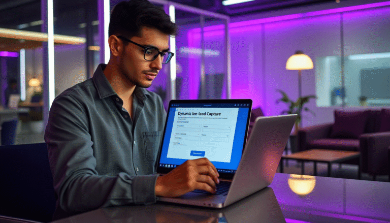 Um jovem com óculos está sentado em uma mesa elegante, concentrado em seu laptop. A tela exibe uma interface de software chamada "Dynamic Lead Capture", com campos para preenchimento de informações, como "Nome" e "Telefone". O ambiente é moderno, iluminado por luzes roxas, e apresenta um fundo com poltronas confortáveis e uma planta. A atmosfera sugere um espaço de trabalho criativo e tecnológico.