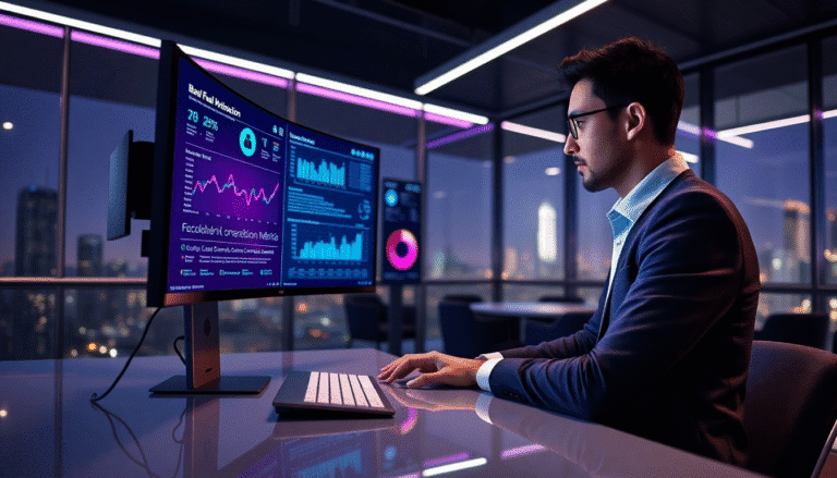 Um profissional de negócios está concentrado em seu trabalho em um ambiente moderno. Ele está sentado à mesa em um escritório com grandes janelas que oferecem uma vista da cidade à noite. Na sua frente, há um monitor que exibe gráficos e métricas de dados, iluminados em tons de azul e rosa. O homem usa óculos e está vestido com uma camisa social e um blazer, refletindo um ambiente de trabalho sofisticado e tecnológico. A iluminação suave do escritório cria uma atmosfera produtiva e contemporânea.