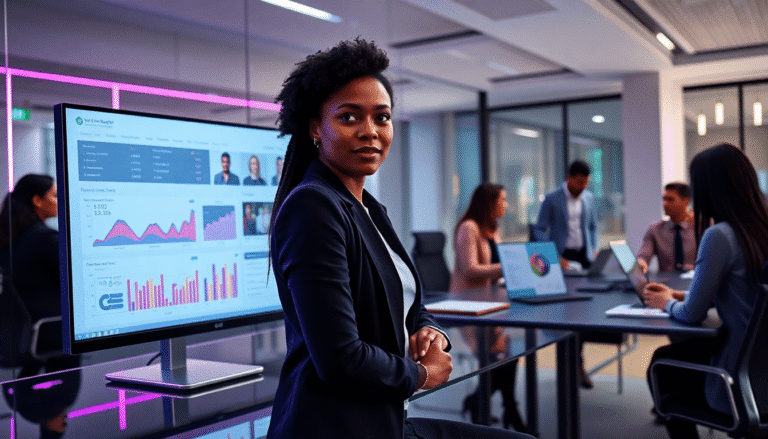 Uma mulher confiante, com cabelo encaracolado e vestindo um blazer preto, está em destaque em um ambiente de escritório moderno. Ela se posiciona ao lado de um grande monitor que exibe gráficos e dados de desempenho. Ao fundo, outros profissionais discutem e trabalham em laptops, criando uma atmosfera colaborativa e produtiva. Luzes de néon em tons de rosa iluminam o espaço, acentuando o clima contemporâneo do local.