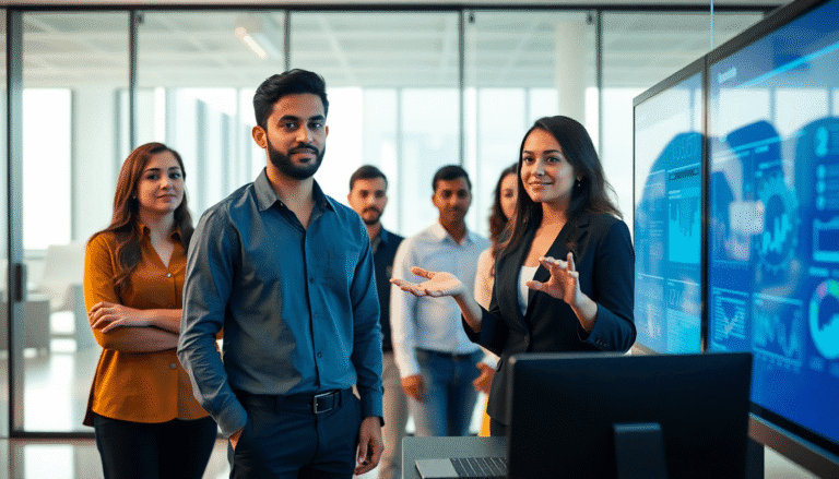 Texto alternativo: Um grupo de seis profissionais está em um ambiente de escritório moderno. Uma mulher em terno preto, que está de frente para o grupo, gesticula enquanto apresenta informações em uma tela com gráficos e dados. Ela parece confiante e envolvente. Um homem à sua frente, vestindo uma camisa azul, observa atentamente. Ao fundo, outras pessoas assistem à apresentação, manifestando interesse no conteúdo. A luz natural entra pelas grandes janelas, criando uma atmosfera profissional e colaborativa.