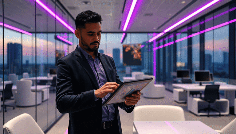 Um homem vestindo um terno escuro está em um escritório moderno, iluminado por luzes neon roxas, enquanto analisa dados em um tablet. O ambiente é elegante, com paredes de vidro que oferecem uma vista da cidade ao pôr do sol. Mesas de trabalho brancas e cadeiras estão dispostas ao fundo, criando uma atmosfera contemporânea e profissional.