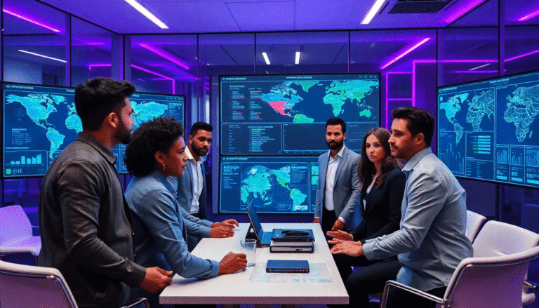 Um grupo de profissionais está reunido em uma sala moderna de conferências, cercada por telas grandes exibindo mapas mundiais e gráficos de dados. Eles estão envolvidos em uma discussão intensa, com laptops e documentos sobre a mesa. A iluminação no ambiente é suave, com um tom roxo que cria uma atmosfera tecnológica e focada. O grupo é diversificado, incluindo homens e mulheres, todos vestidos de maneira profissional.