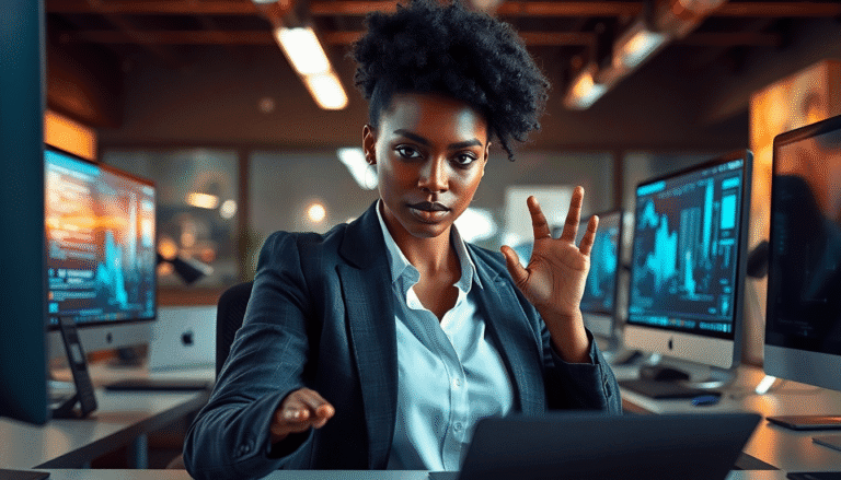 Texto alternativo: Mulher negra com cabelo afro, vestindo um terno escuro e uma camisa clara, gesticula em frente a um laptop em um ambiente de escritório moderno. Nas mesas ao fundo, há vários monitores exibindo gráficos e dados. A expressão dela é séria e focada.