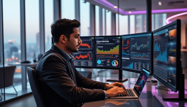 Um homem está sentado em uma mesa moderna, concentrado em seu trabalho em um ambiente de escritório sofisticado e bem iluminado. Ele utiliza um laptop e está cercado por várias telas grandes que exibem gráficos e dados financeiros complexos. Ao fundo, as janelas do escritório oferecem uma vista panorâmica da cidade ao entardecer, com luzes brilhantes ao longe. A atmosfera é de intensidade e foco, refletindo um ambiente de análise e tomada de decisão.
