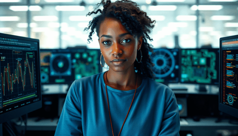 Uma mulher está sentada em um ambiente de trabalho moderno, cercada por várias telas de computador que exibem gráficos e dados complexos. Ela tem cabelo cacheado e usa uma camiseta azul, com um olhar sério e concentrado. O ambiente é iluminado por luz natural, sugerindo um espaço de tecnologia avançada.