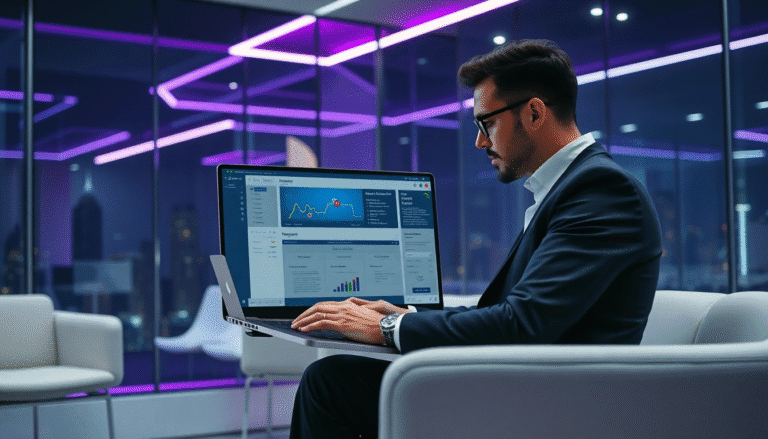 Um homem vestido formalmente, com óculos e cabelo bem penteado, está sentado em um escritório moderno e iluminado. Ele trabalha em um laptop de grandes dimensões que exibe gráficos e dados em um layout de análise. Ao fundo, as janelas oferecem uma vista noturna da cidade, iluminada por luzes que variam entre azul e roxo. O ambiente é elegante, com sofás brancos e detalhes contemporâneos, refletindo um espaço de trabalho sofisticado.