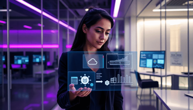 A imagem mostra uma mulher em um ambiente tecnológico moderno, utilizando um dispositivo holográfico. Ela está vestida de forma profissional e parece analisar dados apresentados em formato digital. Ao fundo, há telas de computador com gráficos e informações. A iluminação é suave, com um toque de roxo, criando uma atmosfera futurista.