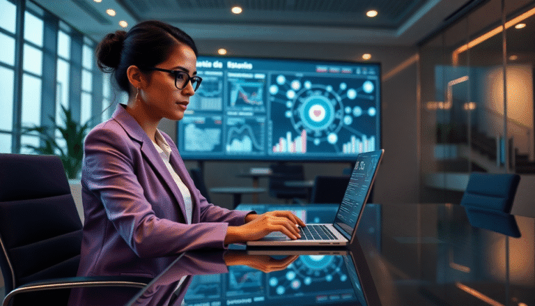 Uma mulher em um ambiente de escritório moderno está concentrada em seu laptop, digitando com atenção. Ela veste um blazer roxo e óculos, refletindo uma atitude profissional. Ao fundo, uma grande tela exibe gráficos e dados analíticos, sugerindo um ambiente focado em tecnologia e análise de dados. O espaço conta com uma iluminação suave e algumas plantas, criando uma atmosfera agradável e contemporânea.