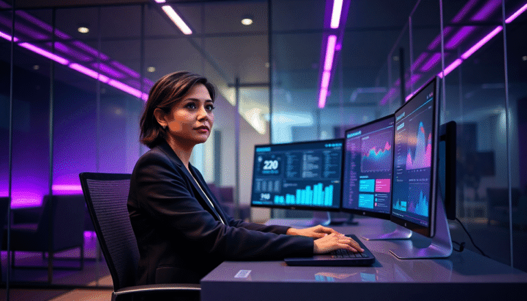 Uma mulher em um ambiente de escritório moderno, sentada à frente de três telas de computador que exibem gráficos e dados financeiros. Ela está vestida de forma profissional, com um olhar concentrado enquanto digita em um teclado. O ambiente é iluminado por luzes de néon roxas, criando uma atmosfera tecnológica e contemporânea. Ao fundo, é possível ver um espaço de escritório minimalista, com paredes de vidro.