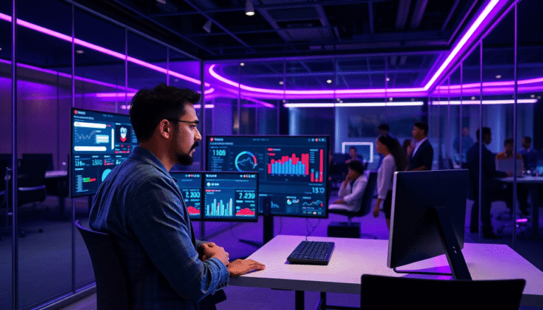 Um ambiente moderno de escritório com iluminação em tons de roxo. Um homem está sentado em frente a um computador, observando vários monitores que exibem gráficos e dados. Ao fundo, um grupo de pessoas discute e trabalha em equipe. O espaço é bem iluminado, com paredes de vidro, criando uma atmosfera de colaboração e tecnologia avançada.