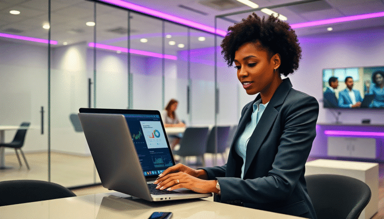 **Texto alternativo**: Mulher com cabelo crespo e vestido profissional, sentada em uma mesa de escritório moderna, usando um laptop para analisar gráficos e dados financeiros. Ao fundo, uma tela exibe uma reunião ou apresentação, enquanto outra pessoa está sentada ao fundo em uma mesa. O ambiente é bem iluminado, com iluminação em tons de roxo.