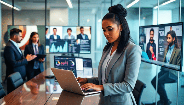 A imagem mostra uma mulher vestindo um traje de negócios cinza, concentrada enquanto trabalha em um laptop em uma mesa de conferência. Ao fundo, há monitores exibindo gráficos e apresentações de dados, além de alguns colegas de trabalho que discutem em grupo. O ambiente parece ser um escritório moderno, com janelas de vidro e uma atmosfera profissional.