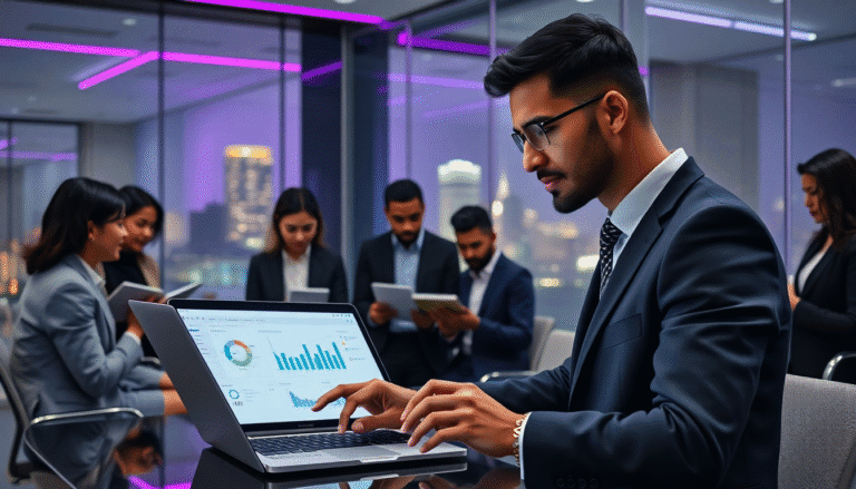 Um homem de terno está utilizando um laptop em uma sala de reuniões moderna, com uma tela exibindo gráficos e dados. Ao fundo, há várias pessoas sentadas em cadeiras, inclinas-se sobre tablets e dispositivos móveis, todas vestindo trajes profissionais. A iluminação da sala é suave e contemporânea, com luzes em tons de roxo, e a vista pela janela mostra uma cidade iluminada ao anoitecer.