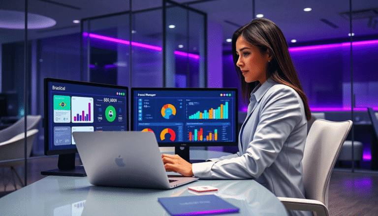 Uma mulher em trajes profissionais está sentada em uma mesa de escritório moderna, olhando atentamente para dois monitores. Os computadores exibem gráficos e dados analíticos em um ambiente de trabalho iluminado por luzes de tom roxo. Ela está usando um laptop prateado e há um caderno e um cartão de visita sobre a mesa. A atmosfera é moderna e tecnológica, refletindo um espaço de trabalho dinâmico.