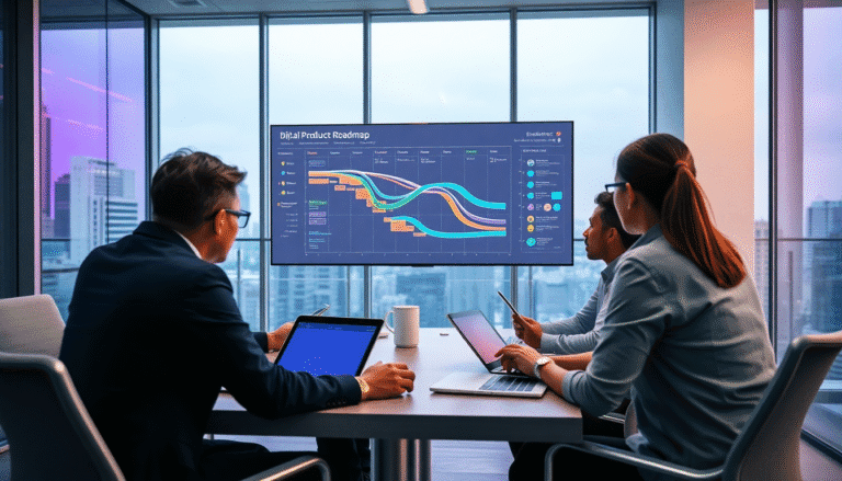 Em um escritório moderno, quatro profissionais estão sentados ao redor de uma mesa de reuniões, concentrados em uma apresentação exibida em uma tela grande. A tela mostra um gráfico colorido de roadmap de produto, destacando diferentes fases e elementos do projeto. Ao fundo, é possível ver uma vista panorâmica da cidade através das janelas, com um céu que exibe tons de luz do dia. Os participantes estão usando laptops e um deles segura um smartphone, todos engajados na discussão sobre os dados apresentados.