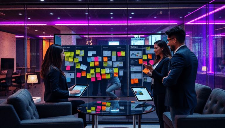 Três profissionais em trajes formais estão em uma sala de reuniões moderna, discutindo ideias em frente a um painel repleto de post-its coloridos. Um deles está segurando um tablet, enquanto os outros dois olham para o painel e compartilham informações. A sala possui um design contemporâneo, com iluminação em tons de roxo ao fundo e uma mesa de vidro no centro, criando um ambiente colaborativo e dinâmico.