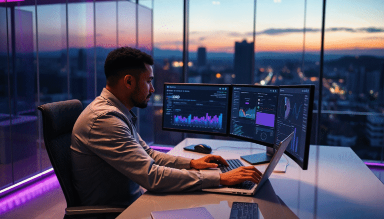 Um profissional de tecnologia está trabalhando em um escritório moderno com grandes janelas, mostrando uma vista da cidade ao fundo ao entardecer. Ele está sentado em uma cadeira ergonômica, concentrado em um laptop enquanto também utiliza dois monitores que exibem gráficos e dados analíticos. A iluminação do ambiente é suave, com um toque de luz colorida ao fundo, criando uma atmosfera de inovação e produtividade.