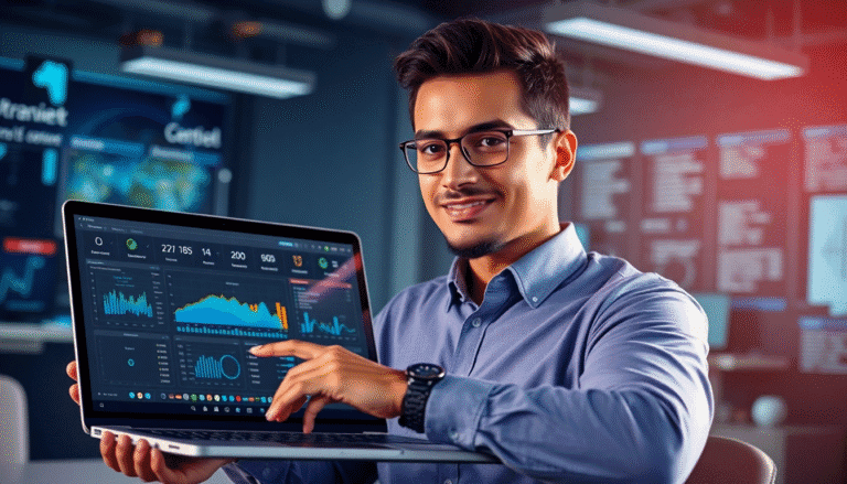 Um jovem profissional, com óculos e um sorriso confiante, segura um laptop aberto que exibe gráficos e dados em um ambiente de escritório moderno. Atrás dele, há telas com informações e gráficos, sugerindo um trabalho relacionado a análise de dados ou tecnologia. Ele aponta para a tela do laptop, destacando informações importantes, enquanto veste uma camisa azul e tem um relógio no pulso.