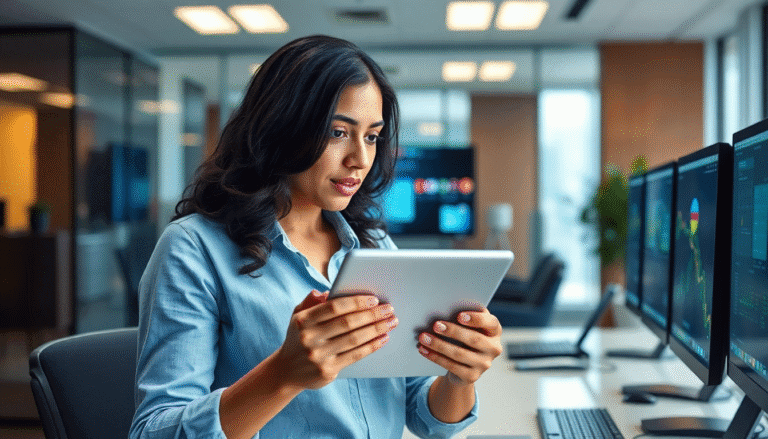 Uma mulher sentada em um ambiente de escritório moderno, segurando um tablet e olhando atentamente para ele. Ao fundo, há várias telas de computador exibindo gráficos e dados. O espaço é bem iluminado e decorado com plantas, transmitindo uma atmosfera de trabalho eficiente e tecnológica. Ela está vestindo uma camisa azul clara e parece concentrada em suas tarefas.